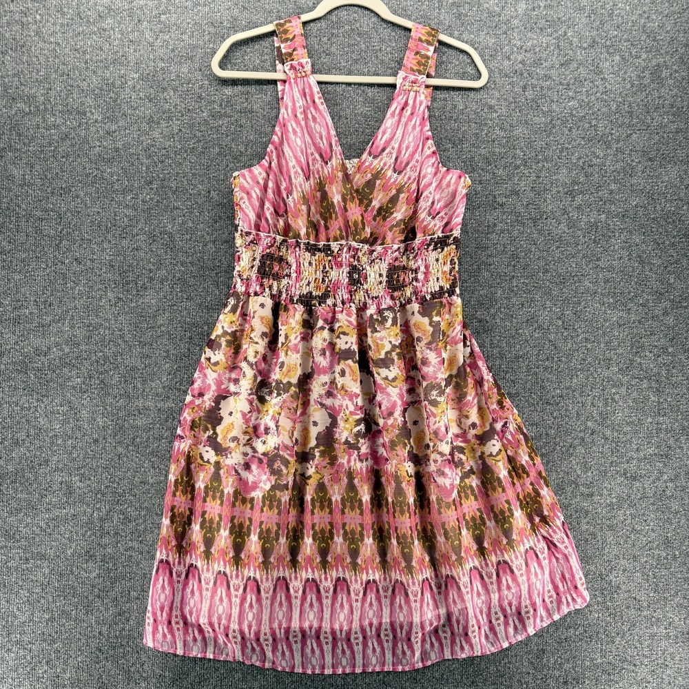 Mlle Gabrielle Dress Womens XL Pink Floral Beaded Smocked Sundress Lined Boho